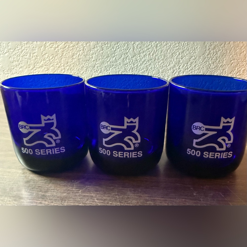 (3) Vintage Brunswick Bowling centers cobalt blue 500 series award glasses